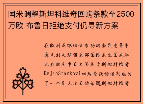 国米调整斯坦科维奇回购条款至2500万欧 布鲁日拒绝支付仍寻新方案