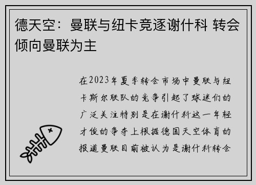 德天空:曼联与纽卡竞逐谢什科 转会倾向曼联为主