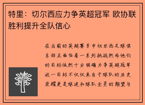 特里:切尔西应力争英超冠军 欧协联胜利提升全队信心